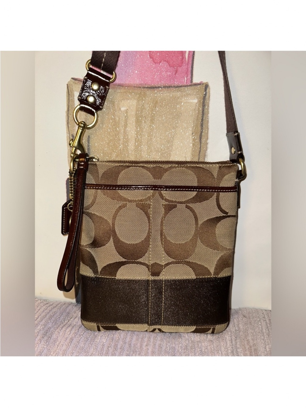 Coach Tan and Brown Signature Canvas Crossbody Bag